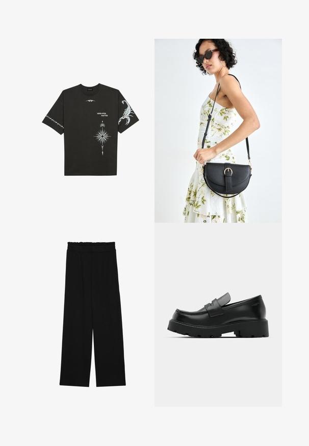 Črna bombažna majica s kratkimi rokavi, okroglim izrezom in belimi grafičnimi potiski, vključno s škorpijonom in abstraktnimi modeli.; Črne široke hlače s nabranim pasom, ki imajo dva stranska žepa in so izdelane iz gladkega, lahkega blaga. Brez vidnih vzorcev ali kovinskega okova.; Črne usnjene loafer čevlje z masivnim teksturiranim podplatom, opremljene z naramnico nad vampom in gladko, polirano površino.; Črna usnjena torbica s ukrivljeno obliko, z odstranljivo naramnico in zlatimi dodatki. Torbica ima pokrov s podrobnostmi v obliki zaponke.