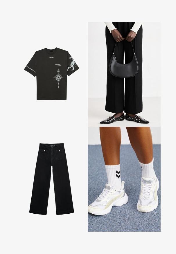 Schwarzes Baumwoll-T-Shirt mit weißen grafischen Drucken, darunter ein Skorpion und abstrakte Designs. Kurze Ärmel; runder Ausschnitt.; Schwarze, weit geschnittene Jeans mit hoher Taille, die zwei Fronttaschen und metallene Knopfakzente aufweist. Der Stoff hat eine glatte Textur.; Weiße Sneaker mit silbernen Akzenten, aus Mesh-Material und im klobigen Design. Kombiniert mit weißen Socken, die mit schwarzen Chevron-Mustern verziert sind.; Schwarze Leder-Schultertasche mit runder Form, glänzender Oberfläche und silbernem Beschlag. Person trägt schwarze weit geschnittene Hosen und Nieten-Loafers.