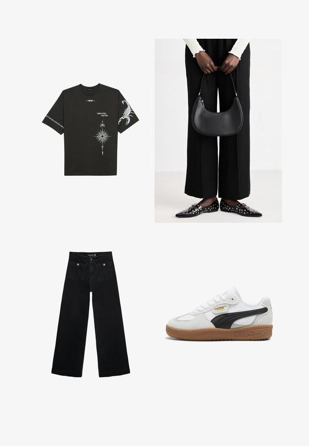 Crna pamučna majica s bijelim grafičkim printovima, uključujući škorpiona i apstraktne dizajne. Kratki rukavi; okrugli izrez.; Crne široke traperice s visokim strukom, koje imaju dva prednja džepa i metalne gumbe kao ukrase. Tkanina ima glatku teksturu.; Bijele kožne tenisice s crnim zamšastim prugom, đonom od gumene smole i zlatnim logotipom sa strane. Klasičan dizajn s vezanjem i zaobljenim vrhom.; Crna kožna torba preko ramena zaobljenog oblika, s sjajnom završnom obradom i srebrnim hardverom. Osoba nosi crne hlače širokog kroja i loaferice sa studovima.
