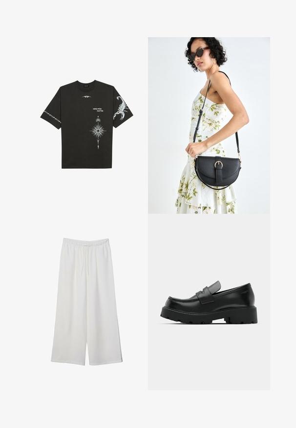 Czarna bawełniana koszulka z białymi nadrukami graficznymi, w tym skorpionem i abstrakcyjnymi wzorami. Krótkie rękawy; okrągły dekolt.; Białe szerokie spodnie wykonane z lekkiego materiału, z elastyczną talią i sznurkiem do regulacji fasonu. Gładka tekstura.; Czarne skórzane loafersy z masywną, teksturowaną podeszwą, z paskiem na wierzchu i gładkim, wypolerowanym wykończeniem.; Czarna skórzana torebka o zakrzywionym kształcie, z odpinanym paskiem i złotymi akcentami. Torebka posiada klapę z zapięciem w kształcie klamry.