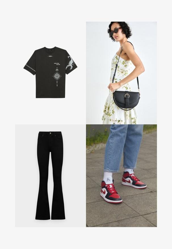 T-shirt in cotone nero con stampe grafiche bianche, tra cui un scorpione e design astratti. Maniche corte; scollatura rotonda.; Jeans neri a vita alta con chiusura a bottoni e zip, tasche frontali e gambali svasati, distesi su uno sfondo bianco.; Jordan AIR JORDAN 1 MID - Sneakers alte - black/gym red/white; Borsa a tracolla nera in pelle con una forma curva, manico rimovibile e accessori dorati. La borsa presenta una patta con un dettaglio a fibbia.