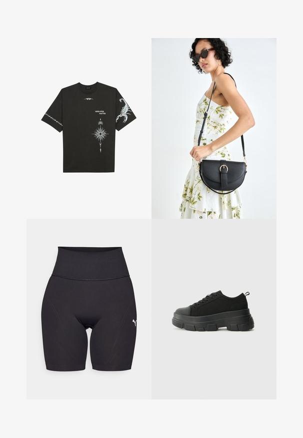 Črna bombažna majica s kratkimi rokavi, okroglim izrezom in belimi grafičnimi potiski, vključno s škorpijonom in abstraktnimi modeli.; Črne športne kratke hlače z visokim pasom, izdelane iz raztegljivega materiala, s prilegajočim se oblikovanjem, ravnimi šivi in majhnim belim logotipom na strani.; Črne teniske z debelim gumijastim podplatom, zgornji del iz teksturirane tkanine, okrogla punta in zavezovanje z vrvicami. Vključujejo ojačane luknje za vrvice in zanko na hrbtu.; Črna usnjena torbica s ukrivljeno obliko, z odstranljivo naramnico in zlatimi dodatki. Torbica ima pokrov s podrobnostmi v obliki zaponke.