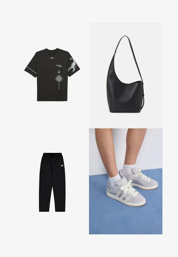 Fekete pamut póló, fehér grafikával, beleértve egy skorpiót és absztrakt mintákat. Rövid ujjú; kerek nyakú.; Fekete melegítőnadrág puha anyagból, rugalmas derékkal, zsinórral és oldalzsebekkel. A combon található egy kis fehér logó.; Szürke velúr sportcipők fehér fűzővel és gumi talppal, az oldalán három ferde csíkkal és a nyelvén logo folttal.; Fekete bőr hobo táska sima textúrával, ívelt formával és egyetlen állítható pánttal; széles nyílás található a tetején.