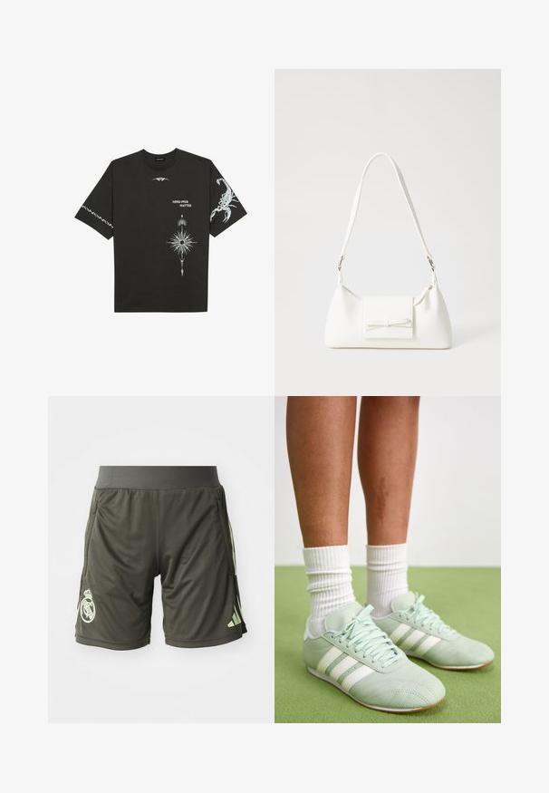 Svart bomullströja med vita grafiska tryck, inklusive en skorpion och abstrakta mönster. Kortärmad; rund halsringning.; Mörkgröna träningsshorts med resårmidja, med sidofickor och en ljusgrön logotyp på nedre vänstra benet.; Mintgröna träningsskor med vita ränder, slät lädertextur, rund tå och gummisulor, i kombination med vita ribbade strumpor.; Vit syntetisk handväska med triangulär form, platt framklaff och rosettdetalj, justerbar rem, slät textur och minimalistisk design.