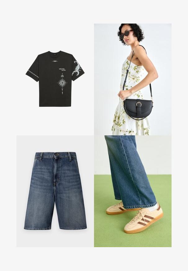 Svart bomull T-skjorte med hvite grafiske trykk, inkludert en skorpion og abstrakte design. Korte ermer; rund hals.; Mørkeblå denimshorts med rett snitt, featuring glidelås foran, beltehemper, og ingen synlige mønstre eller dekorasjoner.; Beige joggesko med teksturerte kremfargede paneler og brune striper, parret med blå denimjeans. Jeansene har vid ben og frynsete kant.; Svart lærveske med en buet form, avtagbar stropp og gullbeslag. Vesken har et klaff med spenne-detall.