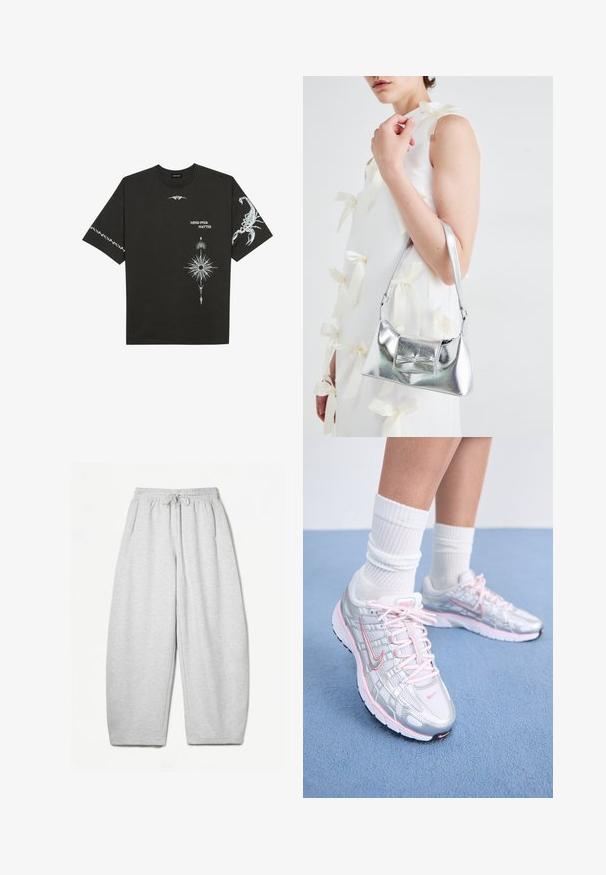 Fekete pamut póló, fehér grafikával, beleértve egy skorpiót és absztrakt mintákat. Rövid ujjú; kerek nyakú.; Világosszürke, laza fazonú melegítőnadrág, rugalmas derékpánttal, zsinórral és oldalsó zsebekkel; puha, texturált anyagból készült.; Nike futócipők ezüst hálós felsőrésszel, rózsaszín kiegészítőkkel, fehér fűzővel és texturált talppal. Fehér pamut sport zoknival viselve.; Ezüst fémes kézitáska, struktúrált formával, felső fogantyúval és masnis részlettel az elején. Simaságával és fényes felületével tűnik ki.