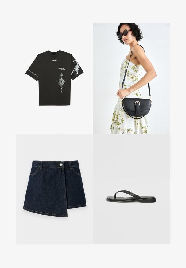 Camiseta de algodón negra con estampados gráficos en blanco, que incluyen un escorpión y diseños abstractos. Mangas cortas; escote redondo.; Falda de mezclilla con un lavado oscuro, forma en A, cierre delantero de botones y detalles de costura sutiles. Presenta un diseño de envoltura lateral.; Chancla negra de piel suave, con un diseño de tira delgada y una suela plana de perfil mínimo. Sin patrones ni acentos notables.; Bolso de piel negra con forma curva, correa desmontable y herrajes dorados. El bolso cuenta con una solapa con un detalle de hebilla.