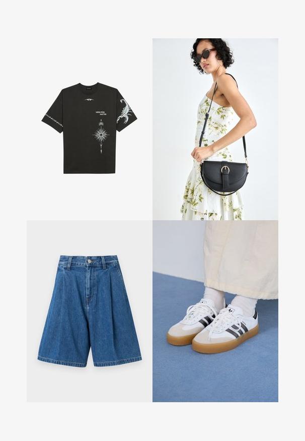 T-shirt de algodão preto com estampas gráficas brancas, incluindo um escorpião e designs abstratos. Mangas curtas; decote redondo.; Fatos de banho de denim azul com frente pregueada, apresentando uma cintura padrão e fecho de botão. Textura suave e pernas de corte reto.; Ténis brancos com riscas pretas e detalhes em camurça bege. Apresentam uma sola de borracha texturizada e atacadores brancos lisos, usados com meias de tom claro.; Bolsa de couro preta com forma curva, alça destacável e detalhes em dourado. A bolsa possui uma aba com detalhe de fivela.