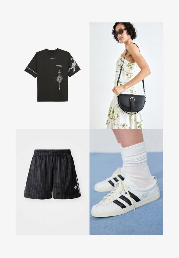 Črna bombažna majica s kratkimi rokavi, okroglim izrezom in belimi grafičnimi potiski, vključno s škorpijonom in abstraktnimi modeli.; Črne športne hlače s belimi navpičnimi črtami, elastičnim pasom in stranskimi žepi. Imajo belo blagovno znamko na spodnjem levem delu.; Bele usnjene športne čevlje z črnimi črtami, kremnim podplatom in svetlimi vezalkami. Obuti z belimi rebrastimi nogavicami, postavljeni na modro ozadje.; Črna usnjena torbica s ukrivljeno obliko, z odstranljivo naramnico in zlatimi dodatki. Torbica ima pokrov s podrobnostmi v obliki zaponke.