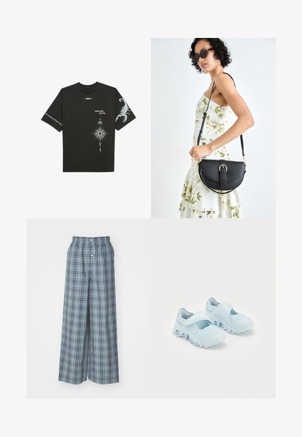 Svart bomull T-skjorte med hvite grafiske trykk, inkludert en skorpion og abstrakte design. Korte ermer; rund hals.; Jaded London Bukse - blue; Lyseblå sneakers med mesh-stoff, fremtredende utskjæringer i sålen og et borrelåsbånd over toppen for sikker passform.; Svart lærveske med en buet form, avtagbar stropp og gullbeslag. Vesken har et klaff med spenne-detall.