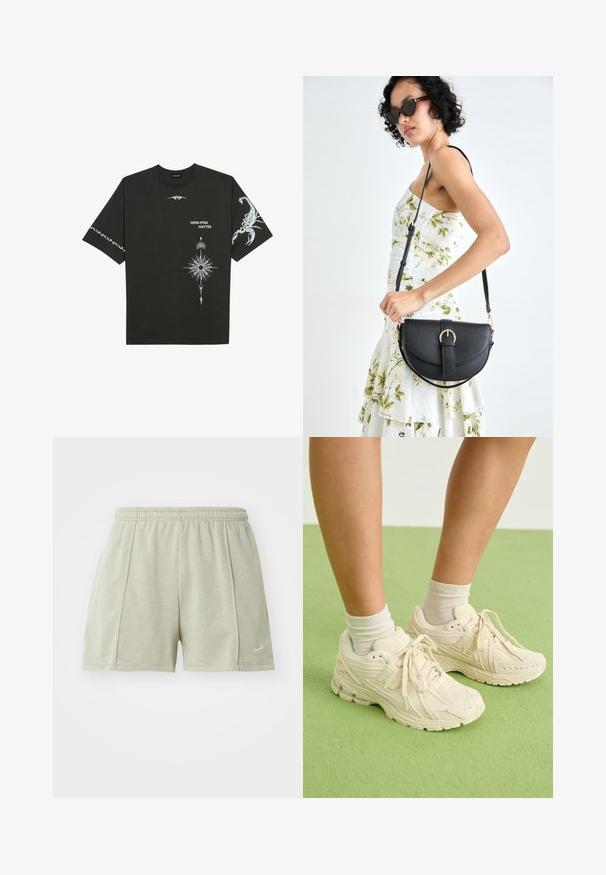 Juodas medvilnės marškinėliai su baltais grafikos spaudiniais, įskaitant skorpioną ir abstrakčius dizainus. Trumpomis rankovėmis; apvaliu iškirpimu.; Nike Sportswear Treningo apatinė dalis - light army/sail; Šviesiai rudos spalvos sportbačiai turi tekstūruotą medžiagą, apvalų pirštą ir paminkštintą padą. Dėvimi su smėlio spalvos kulkšnies kojinėmis ant žalios paviršiaus.; Juodas odinis krepšys su išlenkta forma, nuimamu dirželiu ir auksiniais detalėmis. Krepšys turi kilpą su sagtimi.