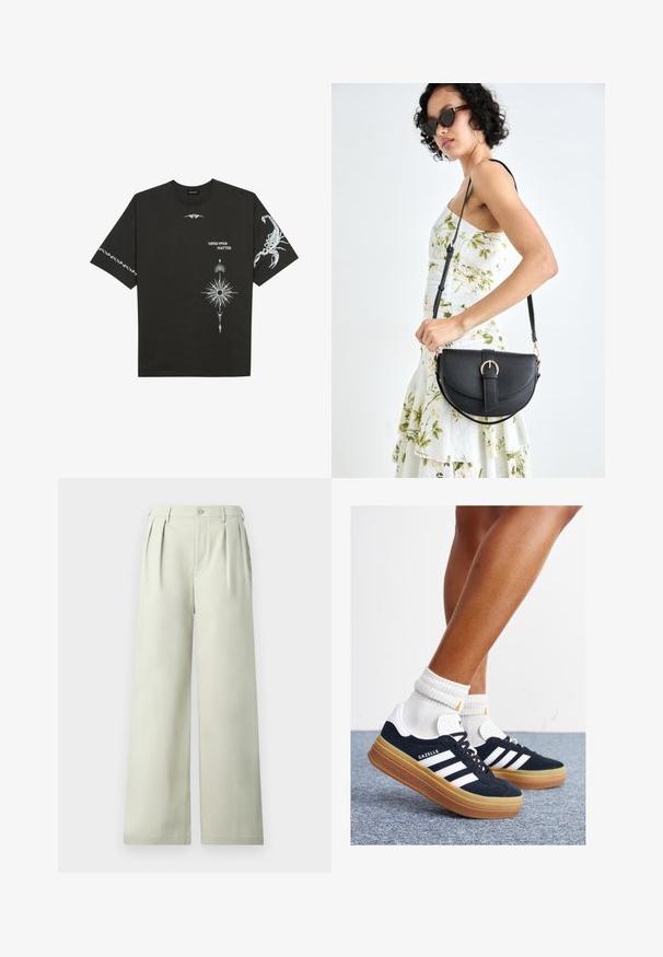 Juodas medvilnės marškinėliai su baltais grafikos spaudiniais, įskaitant skorpioną ir abstrakčius dizainus. Trumpomis rankovėmis; apvaliu iškirpimu.; Šviesiai žali plačios kojos kelnes, pagamintas iš lygios medžiagos, su klostėmis, vienu mygtuko užsegimu ir švariu kirpimu.; Juodi zomšiniai sportbačiai su baltais dryžiais ir akcentais, apvalios nosies, guminio, gumos pado, derinami su baltais raitytais vidutinio ilgio kojinaitėmis.; Juodas odinis krepšys su išlenkta forma, nuimamu dirželiu ir auksiniais detalėmis. Krepšys turi kilpą su sagtimi.