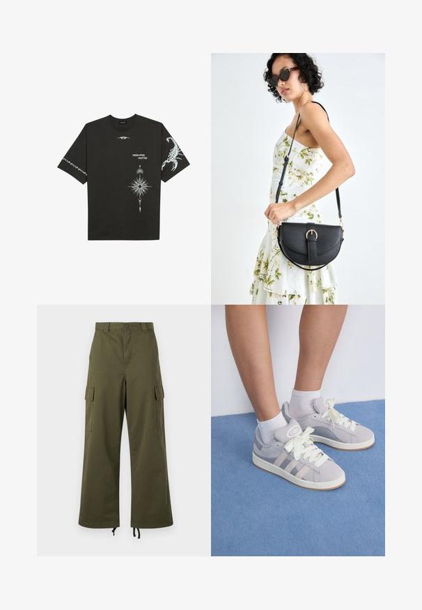 Sort bomulds T-shirt med hvide grafiske prints, herunder en skorpion og abstrakte designs. Korte ærmer; rund halsudskæring.; Olivenfarvede cargo-bukser lavet af bomuld, med høj talje, brede ben, sidelommer og justerbare snore i kanten.; Grå ruskinds sneakers med hvide snørebånd og gummisål, udstyret med tre diagonale striber på siden og et logo-patch på tungen.; Sort læderhåndtaske med en buet form, aftagelig rem og guldfinish. Tasken har en klap med en spænde detalje.