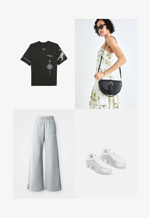 Fekete pamut póló, fehér grafikával, beleértve egy skorpiót és absztrakt mintákat. Rövid ujjú; kerek nyakú.; Világosszürke, puha anyagú melegítőnadrág, húzózsinórral a deréknál, széles lábakkal és oldalsó sliccekkel. A Nike logó diszkréten látható.; Fehér futócipők szürke akcentussal, texturált felsőrésszel, szellőző perforációkkal és szegmentált sarokkal a párnázottság érdekében.; Fekete bőrtáska ívelt formával, levehető pánttal és arany színű fémrészekkel. A táskán egy csattal díszített fedél található.