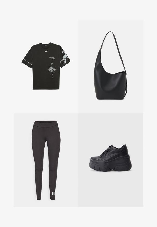 Fekete pamut póló, fehér grafikával, beleértve egy skorpiót és absztrakt mintákat. Rövid ujjú; kerek nyakú.; Fekete leggings rugalmas anyagból, magas derékkal és fehér logóval, amely a bal alsó lábszáron található. Sima textúrájú.; Fekete fűzős sportcipők vastag talppal, sima bőrből készült felső résszel, kerek orral és jellegzetes, réteges platform dizájnnal.; Fekete bőr hobo táska sima textúrával, ívelt formával és egyetlen állítható pánttal; széles nyílás található a tetején.