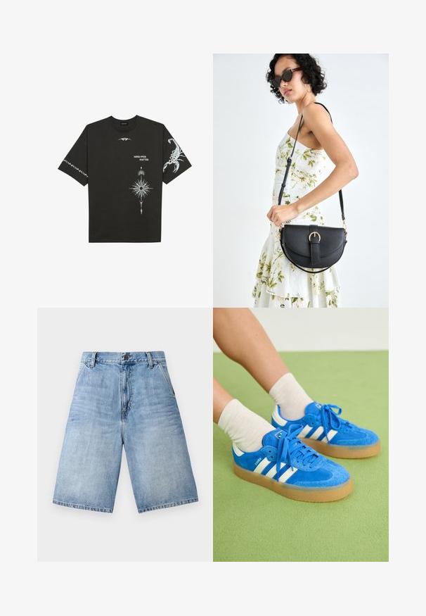 Čierne bavlnené tričko s bielymi grafickými potlačami, vrátane škorpióna a abstraktných vzorov. Krátke rukávy; okrúhly výstrih.; Svetlomodré denim šortky s voľným strihom, dizajnom s piatimi vreckami a zapínaním na gombík v oblasti pásu. Rozstrapkané lemovanie na nohách.; Modré semišové tenisky s bielymi pruhmi, gumenou podrážkou, okrúhlou špičkou a textilnými šnúrkami. V kombinácii s krémovými ponožkami na zelenej ploche.; Čierna kožená kabelka s zaobleným tvarom, odnímateľným popruhom a zlatými doplnkami. Kabelka má klopu s detailom s prackou.