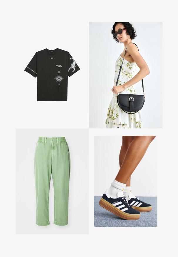 Tricou din bumbac negru, cu imprimeuri grafice albe, inclusiv un scorpion și desene abstracte. Mâneci scurte; decolteu rotund.; Pantaloni ușor verzi, cu croială lejeră, realizați dintr-un material moale. Au un sistem de închidere cu nasture și un talie elastică, precum și buzunare laterale și picioare conice.; Adidași negri din piele întoarsă cu dungi și accente albe, vârf rotund, talpă de cauciuc gumă, asortați cu șosete albe cu model nervurat.; Geantă din piele neagră, cu o formă curbată, curea detașabilă și accesorii aurii. Geanta are un capac cu un detaliu tip cataramă.