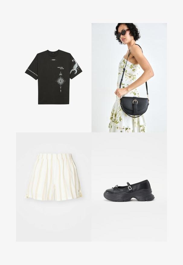 Sort bomulds T-shirt med hvide grafiske prints, herunder en skorpion og abstrakte designs. Korte ærmer; rund halsudskæring.; Hvide shorts med fine gule vertikale striber, elastisk talje og sidelæg. Fremstillet af let, åndbart stof.; Sorte læder Mary Jane-sko med rund tå, sløjfedetalje og justerbar ankelrem. Har en robust gummisål med buede accenter.; Sort læderhåndtaske med en buet form, aftagelig rem og guldfinish. Tasken har en klap med en spænde detalje.