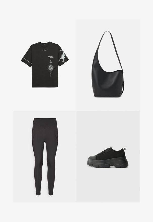Črna bombažna majica s kratkimi rokavi, okroglim izrezom in belimi grafičnimi potiski, vključno s škorpijonom in abstraktnimi modeli.; Črne legice iz raztegljive tkanine, ki imajo visok pas, brezšivno zasnovo in podrobnost v obliki X na bokih.; Črne teniske z debelim gumijastim podplatom, zgornji del iz teksturirane tkanine, okrogla punta in zavezovanje z vrvicami. Vključujejo ojačane luknje za vrvice in zanko na hrbtu.; Črna usnjena hobo torba z gladko teksturo, ukrivljeno obliko in eno nastavljivo naramnico; ima širok odprtina na vrhu.