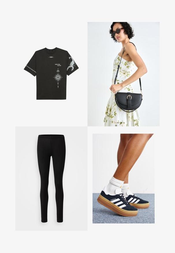 Čierne bavlnené tričko s bielymi grafickými potlačami, vrátane škorpióna a abstraktných vzorov. Krátke rukávy; okrúhly výstrih.; Čierne legíny vyrobené z jemnej a elastickej látky. Majú úzky strih s elastickým pásom a hladkou matnou textúrou.; Čierne semišové tenisky s bielymi pruhmi a detailmi, so zaoblenou špičkou, podrážkou z gumovej gumy, doplnené bielymi rebrovanými ponožkami.; Čierna kožená kabelka s zaobleným tvarom, odnímateľným popruhom a zlatými doplnkami. Kabelka má klopu s detailom s prackou.
