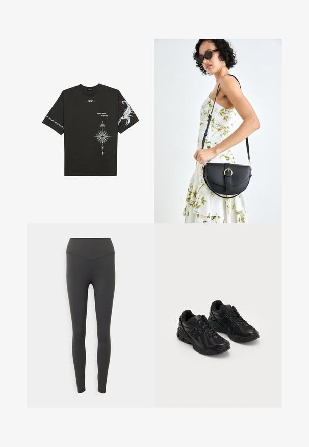 Fekete pamut póló, fehér grafikával, beleértve egy skorpiót és absztrakt mintákat. Rövid ujjú; kerek nyakú.; Fekete leggings magas derékkal, sima, rugalmas anyagból készültek. Finom varrási kialakítással rendelkeznek az elülső részen.; Fekete sportcipők hálós és szintetikus anyagból. Jellemzője a párnázott talp, a texturált minták és a dombornyomott márkázás az oldalon.; Fekete bőrtáska ívelt formával, levehető pánttal és arany színű fémrészekkel. A táskán egy csattal díszített fedél található.