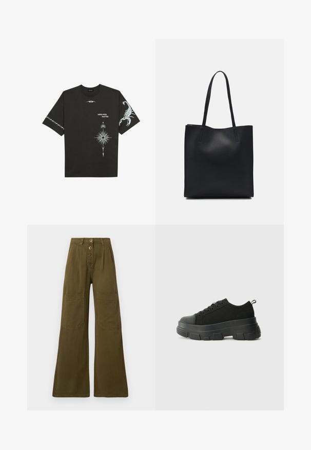 Μαύρο βαμβακερό T-shirt με λευκά γραφικά σχέδια, περιλαμβάνοντας έναν σκορπιό και αφηρημένα σχέδια. Κοντά μανίκια; στρογγυλή λαιμόκοψη.; Φαρδιές, ελαιόχρωμες παντελόνες από βαμβάκι. Διαθέτουν ψηλή μέση, τέσσερες μεγάλες τσέπες και κλείσιμο μέσης με πέντε κουμπιά, με ορατή ραφή.; Μαύρα αθλητικά παπούτσια με χοντρή καουτσουκένια σόλα, υφασμάτινη υφή στην κορυφή, στρογγυλή μύτη και σχέδιο με κορδόνια. Διαθέτουν ενισχυμένα δαχτυλίδια και λαβή στο πίσω μέρος.; Μαύρη δερμάτινη τσάντα tote με λείο υφή, ορθογώνιο σχήμα και δύο μακριές λαβές. Χωρίς ορατό υλικό ή διακοσμητικά στοιχεία.