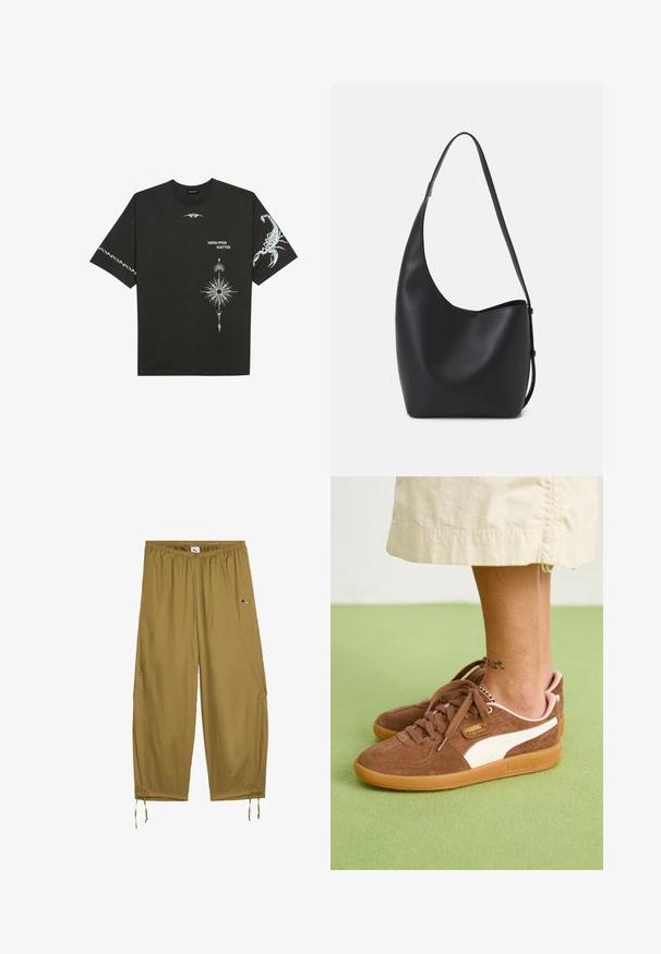T-shirt noir en coton présentant des impressions graphiques blanches, incluant un scorpion et des motifs abstraits. Manches courtes ; col rond.; Pantalons légers et ample en tissu khaki. Dotés d'une taille élastique, de poches latérales et d'ourlets à cordon de serrage. Petit accent logo.; Baskets en daim marron avec accent blanc, semelle en caoutchouc et talon rose. Lacets et détail de marque visibles. Tatouage à la cheville partiellement visible.; Sac hobo en cuir noir avec une texture lisse, une forme incurvée et une seule sangle réglable ; dispose d'une large ouverture en haut.
