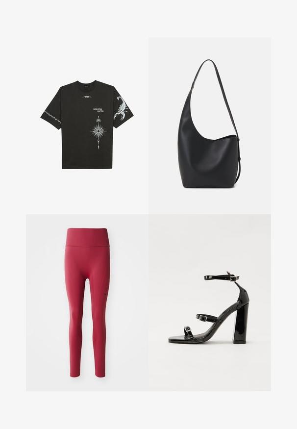 Camiseta de algodón negra con estampados gráficos en blanco, que incluyen un escorpión y diseños abstractos. Mangas cortas; escote redondo.; Leggings deportivos rojos con una cinturilla alta y texturizada; presentan un acabado suave, una forma ajustada y un sutil detalle del logo en el lateral.; Sandalias de tacón de charol negro con punta cuadrada, correas en el tobillo y hebillas plateadas. Presentan un tacón grueso para mayor estabilidad.; Bolso tipo hobo de cuero negro con una textura suave, forma curvada y una sola correa ajustable; presenta una amplia apertura en la parte superior.