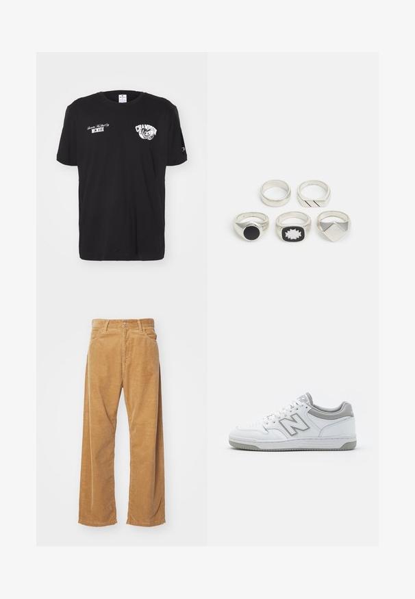 Musta puuvillapaita, jossa on lyhyet hihat ja pyöreä kaula-aukko, esillä valkoinen "Champion" -logo ja teksti painatukset edessä ja hihassa.; Saham wide-leg dalam warna coklat muda. Fitur tekstur garis vertikal, dengan pinggang standar dan dua saku depan.; Valkoiset nahkakengät, joissa on harmaita yksityiskohtia, varustettuna rei'itetyllä varvasosalla, tasaisilla nauhoilla ja kuvioidulla pohjalla. New Balance -logo sivussa.; Viisi hopeista rengasta: yksi mustalla pyöreällä yksityiskohdalla, yksi valkoisella ja mustalla geometrisella kuviolla, ja muut eri muodoilla ja viimeistelyillä.