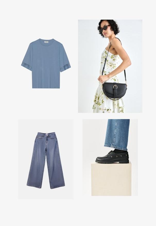 Camiseta de manga corta azul claro con detalle de encaje en los puños, tela suave, cuello redondo, corte relajado y sin logotipos ni estampados visibles.; Jeans de mezclilla de pierna ancha en un lavado azul claro, con una cintura alta, bolsillos frontales y un cierre de botón con trabillas para el cinturón.; Zapatos de cuero negro con punta redondeada, cordones y ojales dorados. Suela resistente. Llevados con jeans de mezclilla azul que cubren ligeramente los zapatos.; Bolso de piel negra con forma curva, correa desmontable y herrajes dorados. El bolso cuenta con una solapa con un detalle de hebilla.