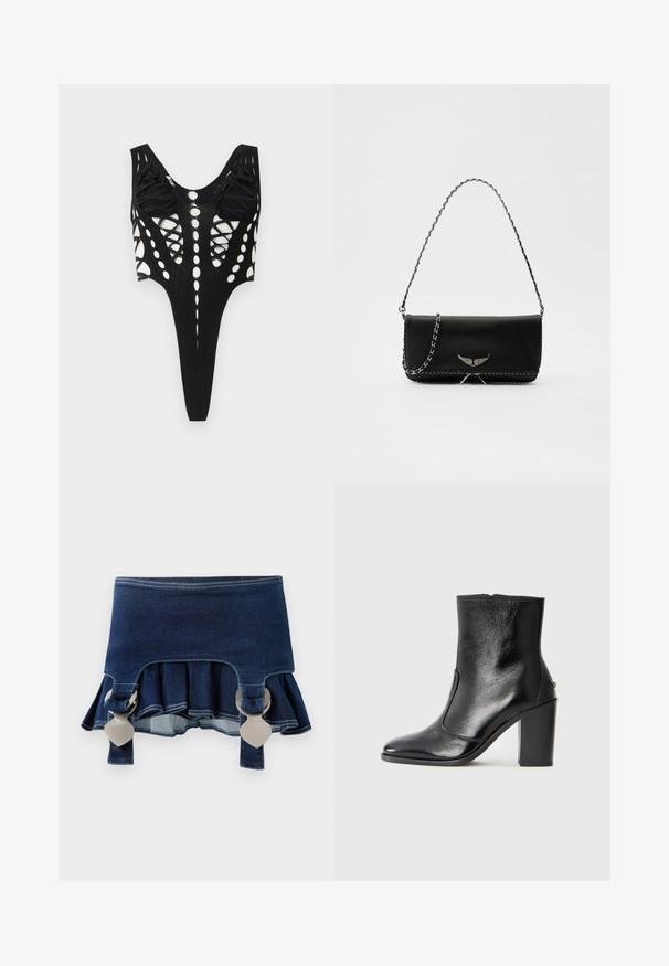 Body preto com padrões recortados e detalhes de corda, apresentando uma parte de trás aberta e uma textura canelada. Aberturas de perna altas.; Saia de ganga com a parte inferior em balão. Apresenta dois fechos cinza ajustáveis, cor azul-escura e detalhes de costura em contraste ao longo da bainha.; Bota ankle preta em pele com uma textura suave, bico fino e um salto alto robusto. Apresenta uma abertura lateral e um design minimalista.; Saco de couro preto com uma alça de corrente prateada, apresentando ornamentos em forma de asas e costura branca ao longo da costura inferior.