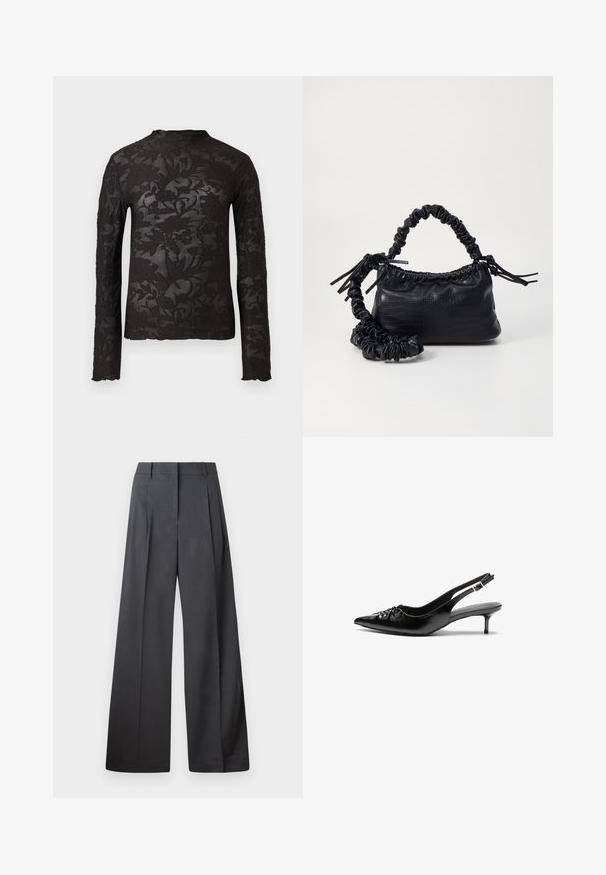 Black long-sleeve sheer lace top with floral patterns and a high neckline against a plain white background.; Wide-leg trousers in dark gray fabric, featuring a high waist, single pleats, and a smooth texture with a clean finish at the hems.; Black leather slingback heels with a pointed toe, small kitten heel, and a decorative knot detail on the front. Smooth texture throughout.; Black faux leather handbag with a crocodile texture, cinched top, and a scrunched strap. Appears soft and compact in design.