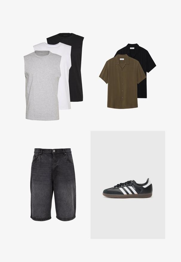 Trys beblauzdžiai marškiniai pilkos, baltos ir juodos spalvų. Minkšta medvilnės medžiaga, apvaliu iškirpimu ir laisvu siluetu. Paprastas dizainas, be raštų.; Tamsiai žalios ir juodos spalvos trumpų rankovių marškiniai, pasižymintys lygiu audiniu, tiesiu kraštu ir smailiu apykakliu su subtiliu blizgesiu.; Juodos džinsinės šortai su laisvu kirpimu, penkių kišenių dizainu ir mygtuko uždarymu. Audinys turi lygų paviršių su subtiliu nusidėvėjimu.; Juodas sintetinis sportbačių viršus su baltomis trimis juostelėmis, tekstūruotas guminis padas ir juodi raišteliai. Žemo kirpimo sportinis stilius.