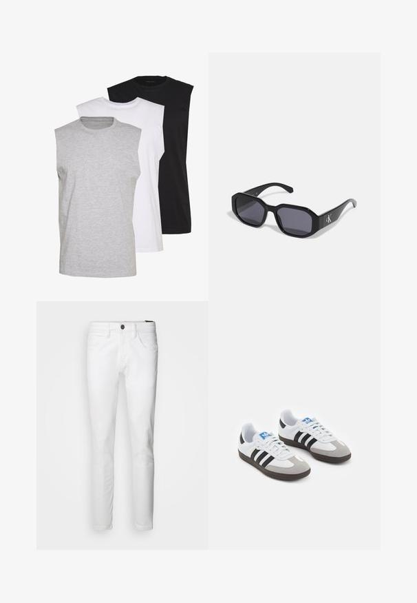 Três t-shirts sem mangas em cinza, branco e preto. Material de algodão macio com decote redondo e corte descontraído. Design simples, sem padrões.; INDICODE JEANS Calças de ganga justas - white; Ténis desportivos com um cabedal em pele branca, biqueira em camurça cinza e três riscas pretas. Apresenta um logo azul na língua e uma sola de borracha texturizada.; Óculos de sol pretos com uma armação octagonal, lentes escuras, material em plástico brilhante e um detalhe de logotipo prateado de um lado.