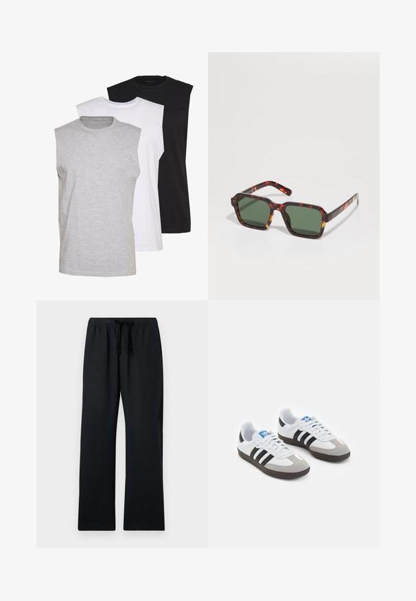 Trzy bezrękawniki w kolorach szarym, białym i czarnym. Wykonane z miękkiej bawełny, z okrągłym dekoltem i luźnym krojem. Prosty design, bez wzorów.; Czarne, luźne spodnie z elastycznym pasem i regulowanym sznurkiem. Gładki materiał, prosta nogawka i brak wzorów.; Buty sportowe z białą skórzaną cholewką, szarym zamszowym noskiem i trzema czarnymi paskami. Posiadają niebieskie logo na języku oraz teksturowaną gumową podeszwę.; Okularniki w kształcie kwadratu w kolorze żółwia, z zielonymi soczewkami i kontrastującymi pomarańczowymi akcentami wzdłuż krawędzi zauszników.