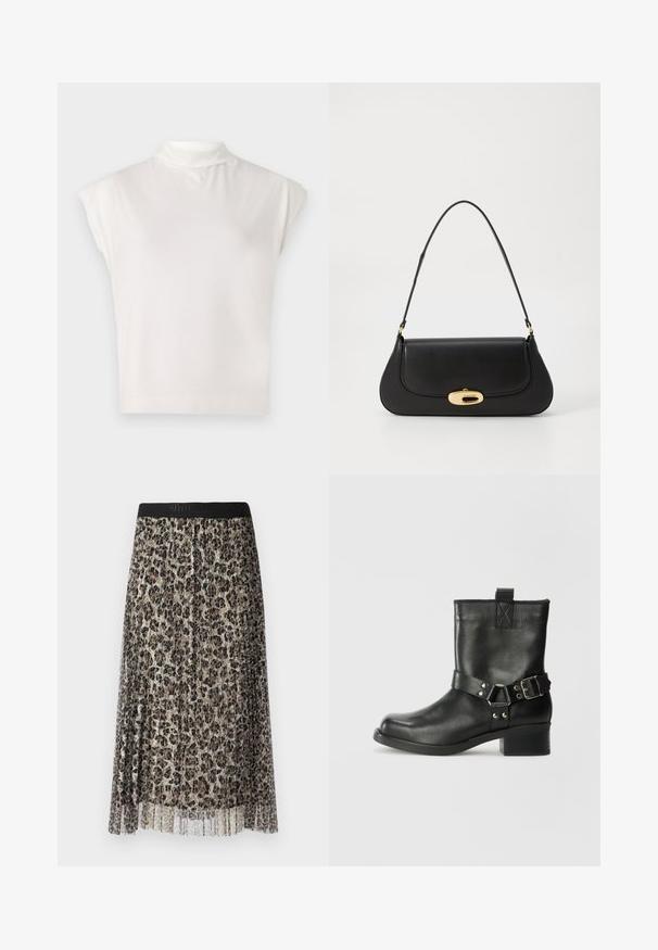 Top sans manches blanc en col roulé fabriqué dans un tissu doux, avec un design structuré, une texture lisse et un détail subtilement côtelé à l'ourlet.; Jupe midi plissée en tissu léger et transparent, ornée d'un motif léopard dans des tons de marron et de beige, avec une taille noire.; Samsøe Samsøe SABRENTA - Bottines de cowboy / motard - black; Sac à main en cuir noir avec un design incurvé, matériel doré et une poignée sur le dessus. Présente une fermeture élégante et une texture lisse.