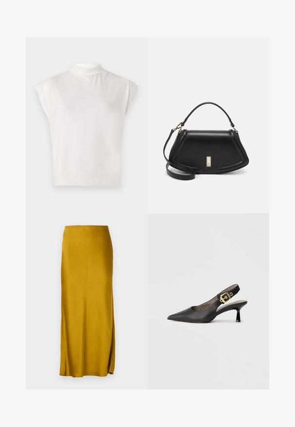 Top alb, fără mâneci, cu guler înalt, fabricat dintr-un material moale, având un design structurat, cu o textură netedă și detalii subtile cu nervuri la margine.; Fustă maxi de culoare galben muștar dintr-un material neted, cu o siluetă dreaptă. Are o fanta pe lateral și un elastic în talie.; Sandal cu toc înalt negru, cu vârf ascuțit, textură de piele netedă și accent de cataramă aurie pe curea.; Geantă de umăr din piele neagră, cu un design structurat, având o formă tăiată, mânere superioare și accente din aur. Include o curea de umăr ajustabilă.