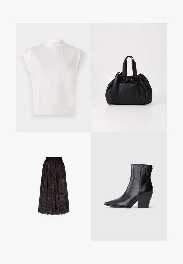 White sleeveless turtleneck top made of soft fabric, featuring a structured design with a smooth texture and subtle ribbed hem detail.; Brown and black patterned midi skirt with a black elastic waistband and vertical black stripe detail on one side.; Black leather ankle boots with a pointed toe, textured upper, and chunky high heel. Features a side elastic panel for easy wear.; Black leather handbag with a gathered top design, featuring two short handles and a long adjustable strap. Smooth texture, rounded shape.