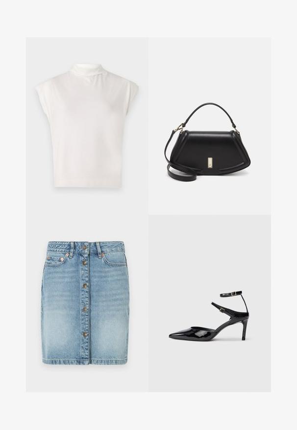 Top sans manches blanc en col roulé fabriqué dans un tissu doux, avec un design structuré, une texture lisse et un détail subtilement côtelé à l'ourlet.; Jupe en denim bleu clair avec un bouton à l'avant, cinq poches et des détails de couture. Présente une coupe droite et une finition légèrement délavée.; Talons en cuir verni noir avec un bout pointu, des sangles de cheville ajustables et un talon fin. Texture lisse avec une finition brillante.; Sac à main en cuir noir avec un design structuré, featuring une forme cropped, une poignée supérieure et des accents en matériel doré. Bandoulière réglable incluse.