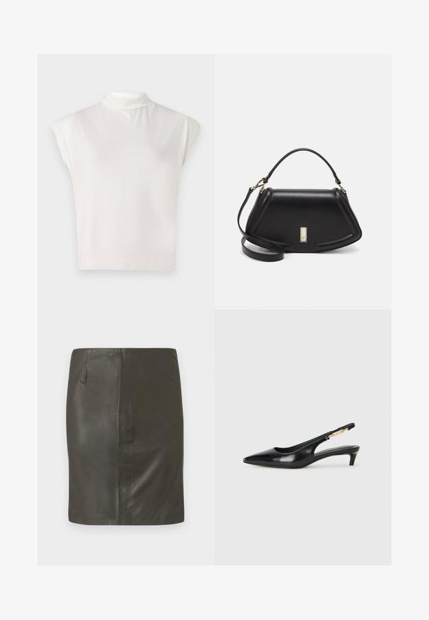 Biały bezrękawnik z golfem wykonany z miękkiego materiału, charakteryzujący się nowoczesnym krojem, gładką fakturą i delikatnym detalem w postaci prążkowanego wykończenia.; Ciemnozielona skórzana spódnica o gładkiej fakturze, dopasowanym kroju i jednej bocznej kieszonce. Prosty design bez widocznych metalowych elementów ani wzorów.; Czarne skórzane szpilki typu slingback z ostrym noskiem, posiadające smukły obcas i złoty akcent na regulowanym pasku. Gładka tekstura.; Czarna skórzana torebka o strukturalnym designie, z przyciętą formą, górnym uchwytem i złotymi akcentami. W zestawie regulowany pasek na ramię.