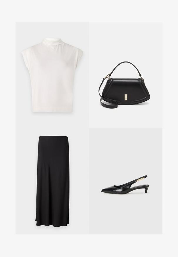 Weißes ärmelloses Rollkragenoberteil aus weicher Stoffqualität, mit strukturiertem Design, glatter Textur und subtilen Rippdetails am Saum.; Schwarzer, langer Rock aus glattem Stoff, mit geradem Schnitt und seitlichen Schlitzen für Bewegungsfreiheit. Einfaches Design ohne Muster oder Akzente.; Schwarze Leder-Slingback-Pumps mit spitzem Schuhblatt, ausgestattet mit einem schlanken Absatz und einem goldfarbigen Akzent am verstellbaren Riemen. Glatte Textur.; Schwarze Lederhandtasche mit einem strukturierten Design, das eine verkürzte Form, einen oberen Griff und goldfarbene Hardware-Details aufweist. Verstellbarer Schulterriemen ist enthalten.