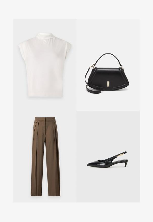 Witte mouwloze coltrui gemaakt van zacht materiaal, met een gestructureerd ontwerp, een gladde textuur en subtiele geribbelde zoomdetails.; Bruine, wijde broek gemaakt van een gladde stof, met voorplooien en een gepolijst tailleband voor een gestructureerde uitstraling.; Zwarte leren slingback hakken met een spitse neus, voorzien van een slanke hak en een goudkleurige accent op de verstelbare band. Gladde textuur.; Zwarte leren handtas met een gestructureerd ontwerp, featuring een verkorte vorm, bovenhandvat en gouden hardwareaccent. Inclusief verstelbare schouderband.