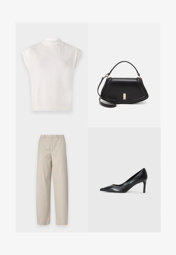 Witte mouwloze coltrui gemaakt van zacht materiaal, met een gestructureerd ontwerp, een gladde textuur en subtiele geribbelde zoomdetails.; DRYKORN DESK - Broek - brown; Zwarte leren pump met spitse neus en een slanke hak, gladde textuur en geen zichtbare versieringen. Schoon ontwerp met een minimalistische esthetiek.; Zwarte leren handtas met een gestructureerd ontwerp, featuring een verkorte vorm, bovenhandvat en gouden hardwareaccent. Inclusief verstelbare schouderband.