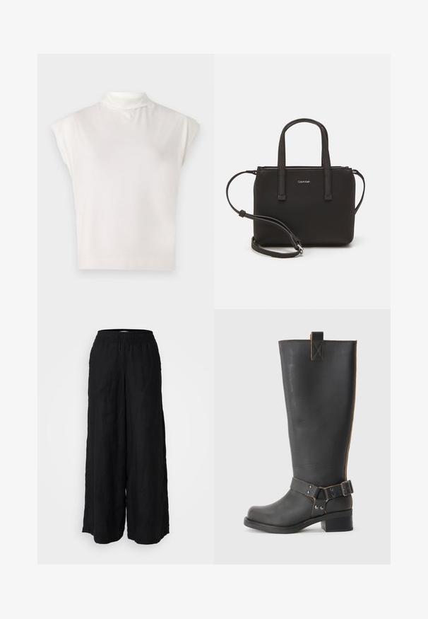 Witte mouwloze coltrui gemaakt van zacht materiaal, met een gestructureerd ontwerp, een gladde textuur en subtiele geribbelde zoomdetails.; Zwarte wijde broek van linnen met een elastische tailleband. De stof heeft een matte textuur en valt losjes van de taille naar de enkels.; Zwarte leren knie- hoog laars met een gestructureerde afwerking, voorzien van een zijgesp accent en een lage hak. Gedetailleerde stiksels langs de naden.; Zwarte handtas met dubbele korte handvatten en een afneembare schouderriem. Glad, leerachtig materiaal met een ritssluiting en logo-detail.