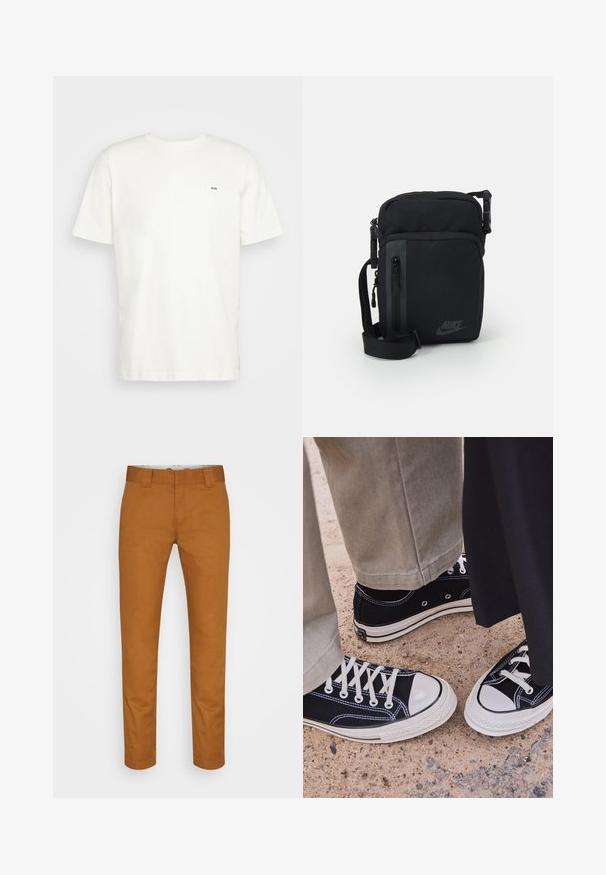 T-shirt en coton blanc avec encolure ras du cou, manches courtes et un petit logo noir "W.W." sur la poitrine gauche. Texture douce, coupe régulière.; Pantalons en coton brun avec une coupe droite, des poches avant et une texture lisse et propre. Comprend des passants de ceinture et des détails de couture discrets.; Baskets noires en toile avec bouts en caoutchouc blanc et lacets. Les coutures contrastées et les œillets en métal ajoutent des détails. Portées avec un pantalon beige et un tissu noir.; Sac en nylon noir en bandoulière avec compartiments zippés, sangle réglable et logo subtil sur le devant. Texture lisse et forme rectangulaire.