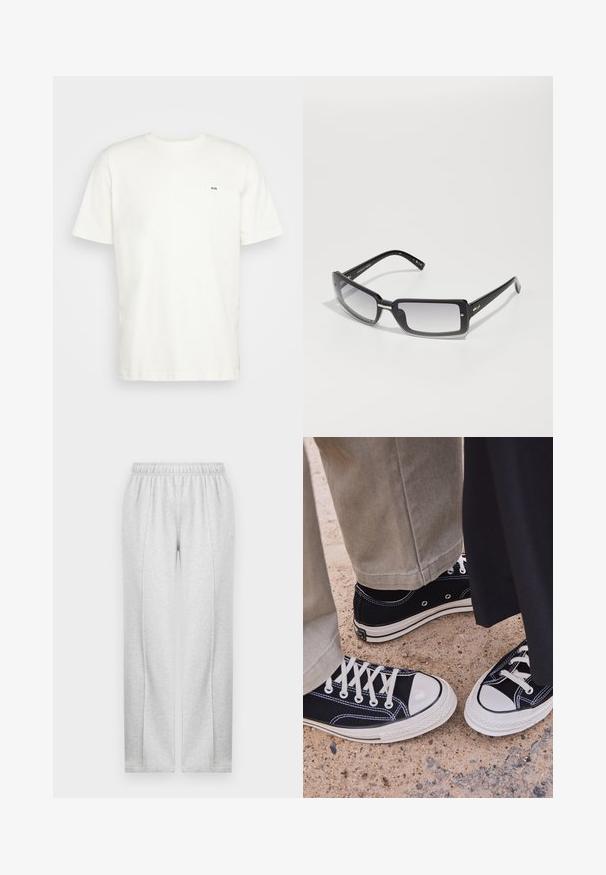 Biała bawełniana koszulka z okrągłym dekoltem, krótkimi rękawami i małym czarnym logo "W.W." na lewej piersi. Gładka tekstura, standardowy krój.; Szare dresy z elastycznym pasem w talii, prostymi nogawkami i subtelnymi szwami bocznymi. Wykonane z miękkiego, lekkiego materiału. Minimalistyczny design.; Czarne płócienne trampki z białymi gumowymi czubkami i sznurówkami. Kontrastowe przeszycia i metalowe oczka dodają szczegółów. Noszone z beżowymi spodniami i czarnym materiałem.; Czarne prostokątne okulary przeciwsłoneczne z gradientowym szkłem, z grubą oprawką i metalowymi detalami na zausznikach. Gładka tekstura na całej powierzchni.