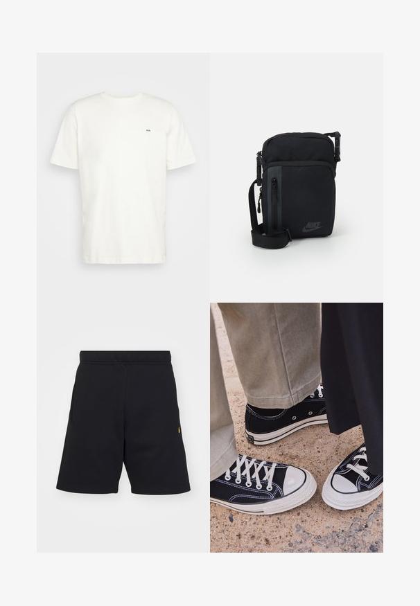 Biela bavlnená tričko s okrúhlym výstrihom, krátkymi rukávmi a malým čiernym logom "W.W." na ľavej hrudi. Hladká textúra, bežný strih.; Čierne šortky z jemnej látky so elastickým pásom, bočnými vreckami a malým zlatým logom na dolnej ľavej strane.; Čierne plátené tenisky s bielymi gumenými špičkami a šnúrkami. Kontrastné švy a kovové očká pridávajú detail. Nosené s béžovými nohavicami a čiernou látkou.; Čierna nylonová crossbody taška s uzamykateľnými priehradkami, nastaviteľným popruhom a diskrétnym logom na prednej strane. Hladká textúra a obdélnikový tvar.