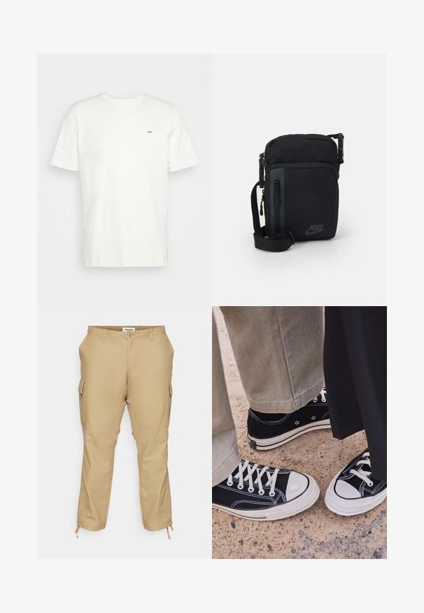 Balta kokvilnas t-krekls ar apaļu izgriezumu, īsām piedurknēm un mazu melnu "W.W." logotipu kreisajā krūtī. Gluda tekstūra, regulāra piegrieznes.; Kafijas krāsas cargo bikses ar brīvu piegriezumu, apveltītas ar sānu kabatām, regulējamiem rakstiem un gludu kokvilnas maisījuma audumu.; Melni kanvas sporta apavi ar baltām gumijas pirkstgaliem un auklēm. Kontrastējoša dūkošana un metāla acu caurumi piešķir akcentus. Valkāti ar beidžu krāsas biksēm un melnu audumu.; Melnas neilona crossbody soma ar rāvējslēdzēja nodalījumiem, regulējamu siksnu un maigu logo detaļu priekšpusē. Gluda tekstūra un taisnstūra forma.