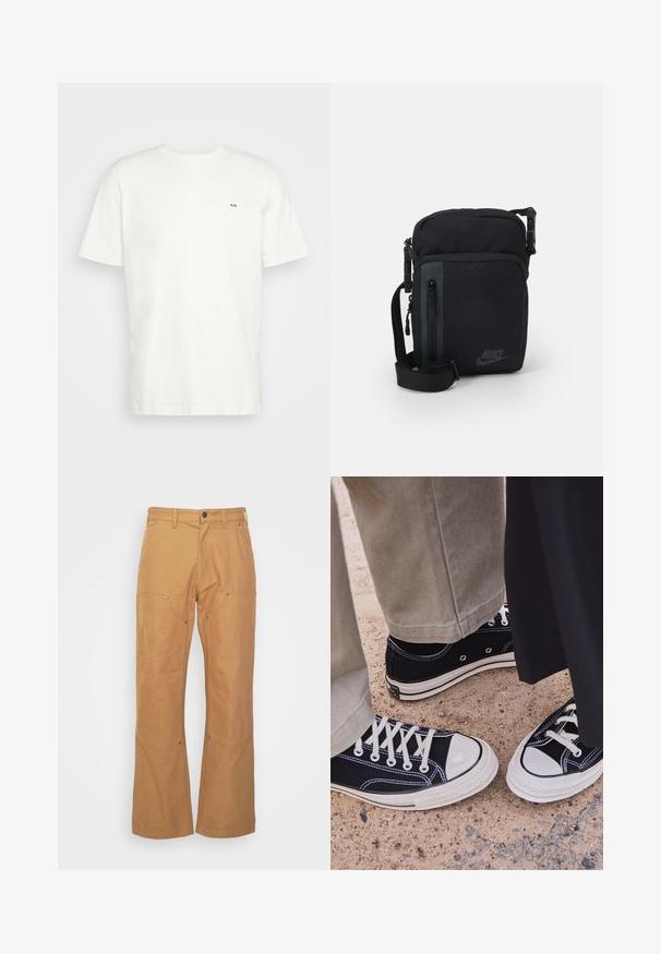 Bílá bavlněná tričko s kulatým výstřihem, krátkými rukávy a malým černým logem "W.W." na levé straně hrudi. Hladký povrch, klasický střih.; Tan cargo kalhoty vyrobené z odolné látky, s bočními kapsami, kovovými prvky, rovnými nohavicemi a standardním pasem.; Černé plátěné tenisky s bílými gumovými špičkami a tkaničkami. Protišvy a kovové očko dodávají detail. Nosené s béžovými kalhotami a černou látkou.; Černá nylonová crossbody taška s zipovými přihrádkami, nastavitelným popruhem a subtilním logem na přední straně. Hladký povrch a obdélníkový tvar.
