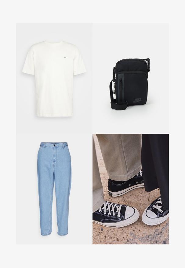 Balta kokvilnas t-krekls ar apaļu izgriezumu, īsām piedurknēm un mazu melnu "W.W." logotipu kreisajā krūtī. Gluda tekstūra, regulāra piegrieznes.; Gaiši zila džinsu auduma bikses ar brīvu piegriezumu, augstu jostasvietu un taisnām kājām. Iekļauj priekšējās kabatas un metāla pogu aizdari.; Melni kanvas sporta apavi ar baltām gumijas pirkstgaliem un auklēm. Kontrastējoša dūkošana un metāla acu caurumi piešķir akcentus. Valkāti ar beidžu krāsas biksēm un melnu audumu.; Melnas neilona crossbody soma ar rāvējslēdzēja nodalījumiem, regulējamu siksnu un maigu logo detaļu priekšpusē. Gluda tekstūra un taisnstūra forma.